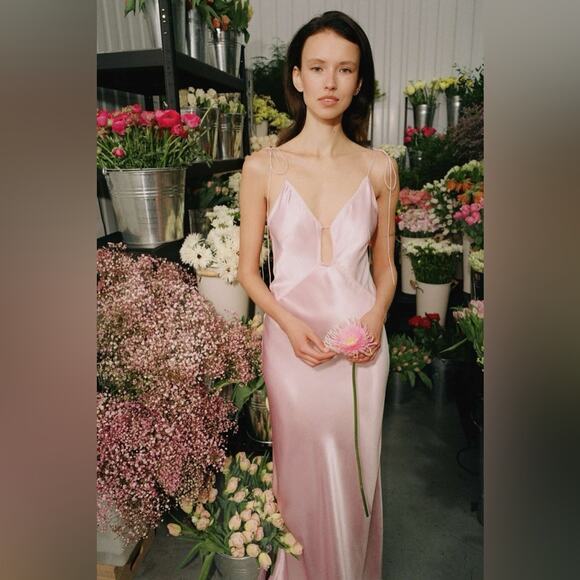 Anna October Terrin Satin Maxi Slip Dress Baby Pink Formal - Picture 2 of 11